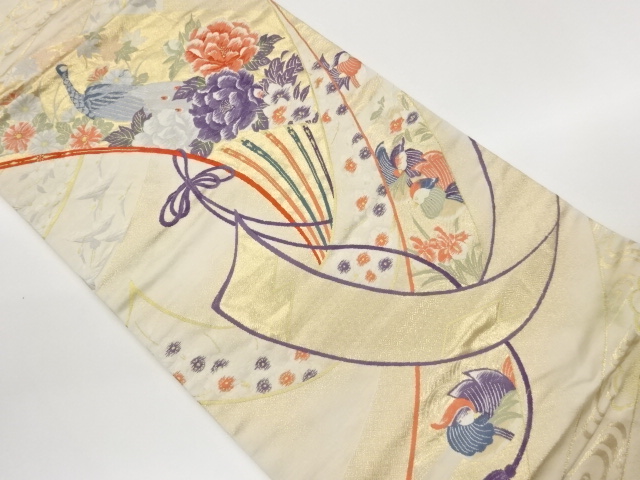 扇に花鳥模様織出し袋帯